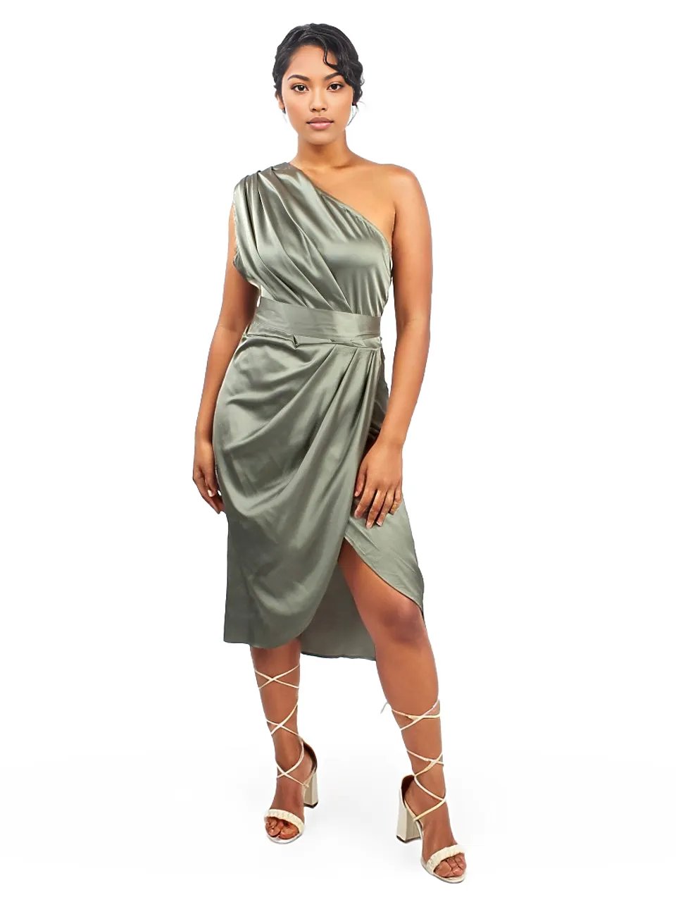 One Shoulder Ruched Satin Pleated Dress XD21