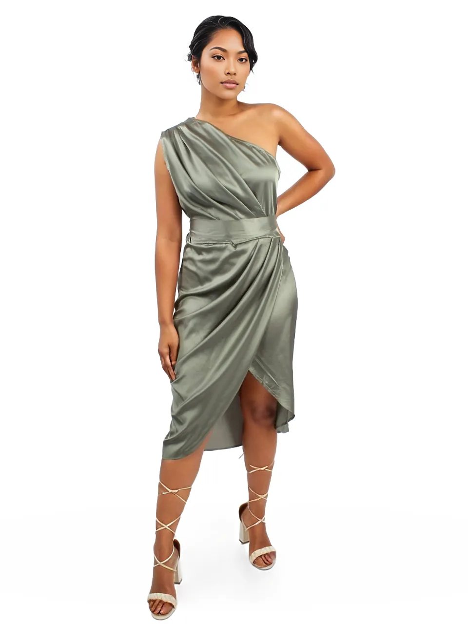 One Shoulder Ruched Satin Pleated Dress XD21