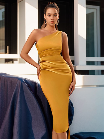One Shoulder Ruched Side Bodycon Midi Dress XD21