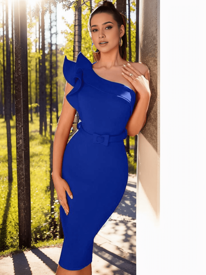 One Shoulder Ruffle Trim Slit Back No Belt Bodycon Dress XD21
