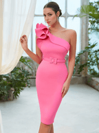 One Shoulder Ruffle Trim Slit Back No Belt Bodycon Dress XD21