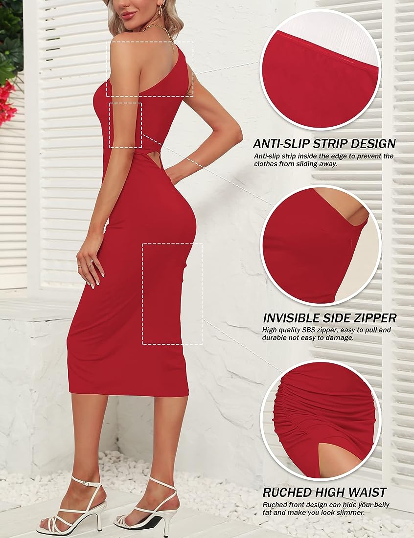 One shoulder high waist ruched split midi dress XD21