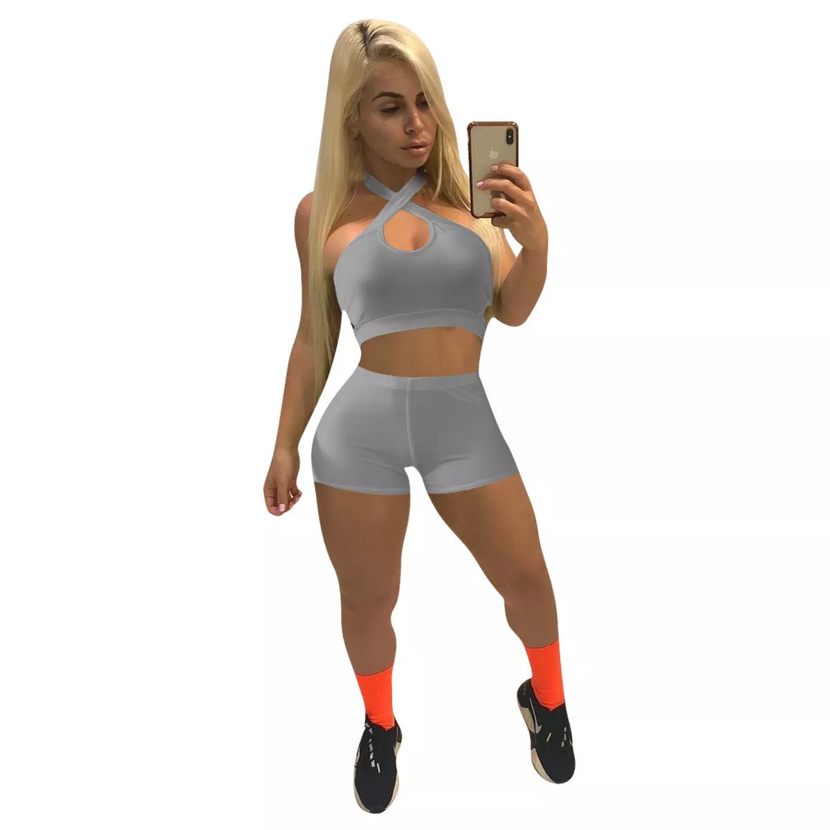 Open Front Solid Gym Two Piece Set XD21