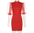 Organza puff sleeve ribbed knitted mini dress XD21