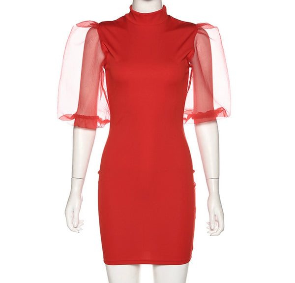 Organza puff sleeve ribbed knitted mini dress