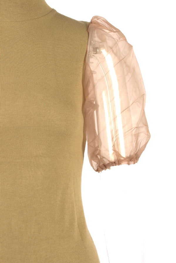 Organza puff sleeve ribbed knitted mini dress