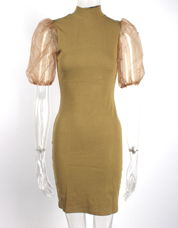 Organza puff sleeve ribbed knitted mini dress