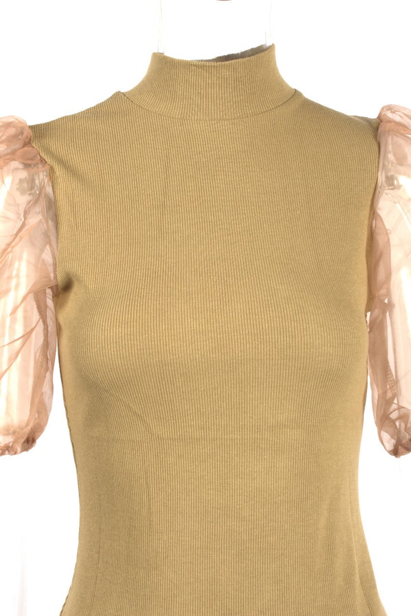 Organza puff sleeve ribbed knitted mini dress