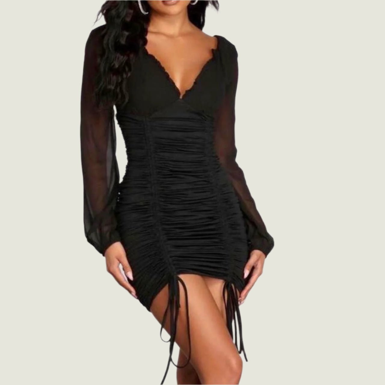 Midnight Allure Drawstring Ruched Mini Dress