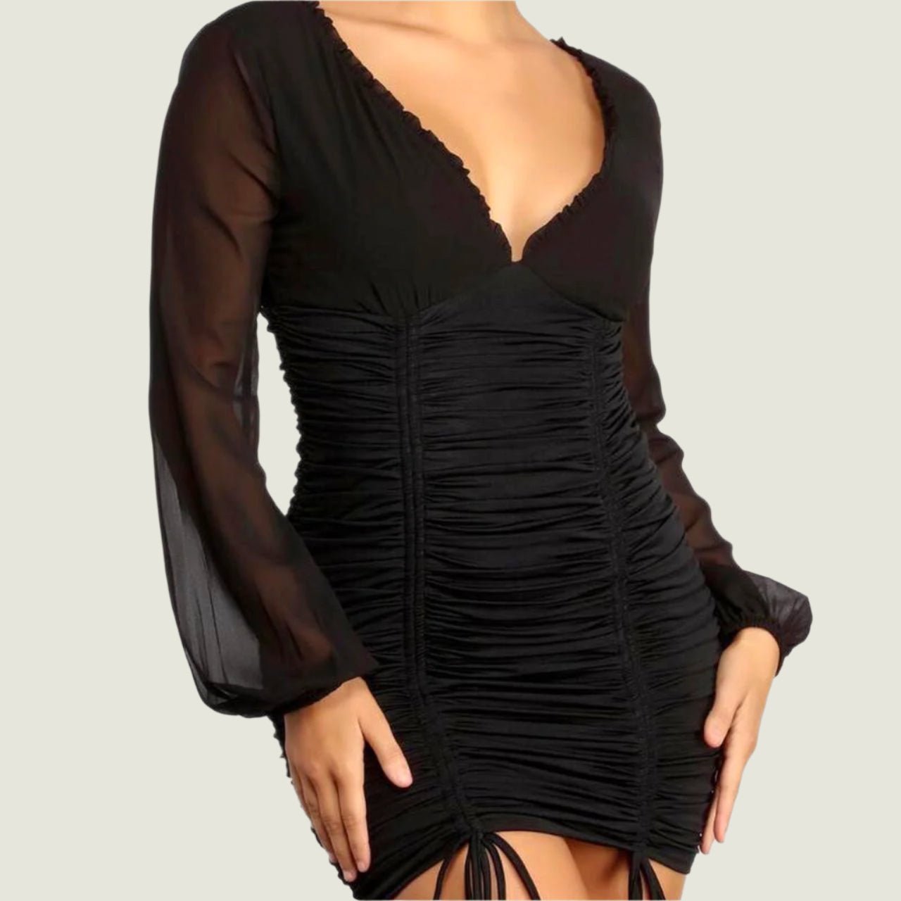 Midnight Allure Drawstring Ruched Mini Dress