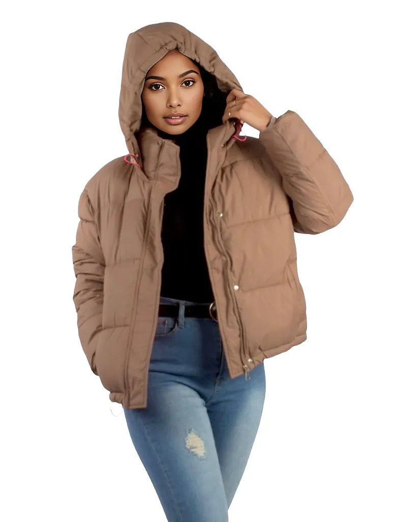 Padded Short Puffer Jacket With Drawstring and Hood XD21