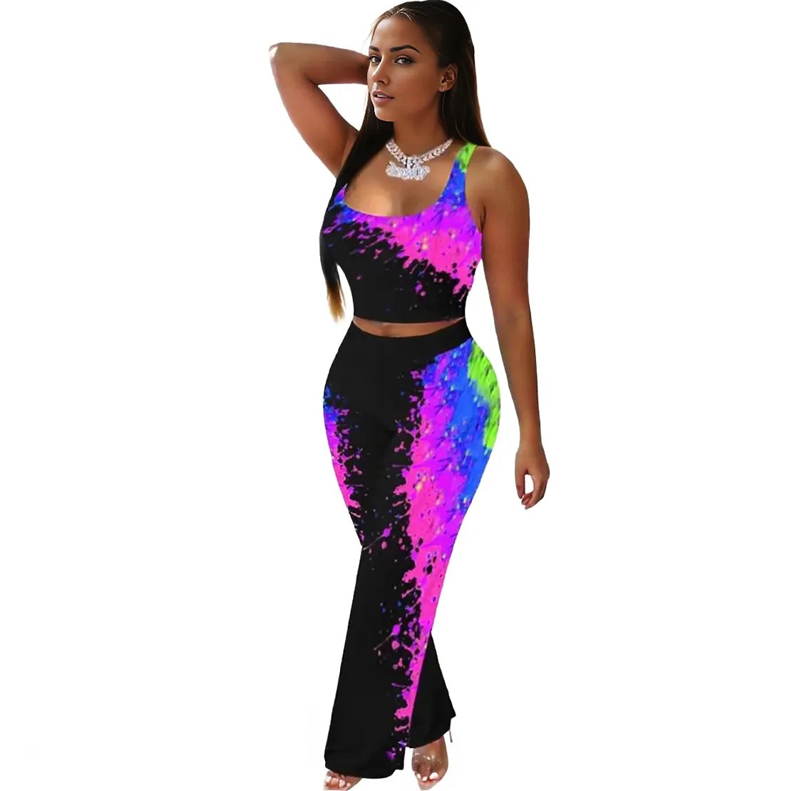 Paint Splash Tank Top And Jogger Long Pants Two Piece Set XD21