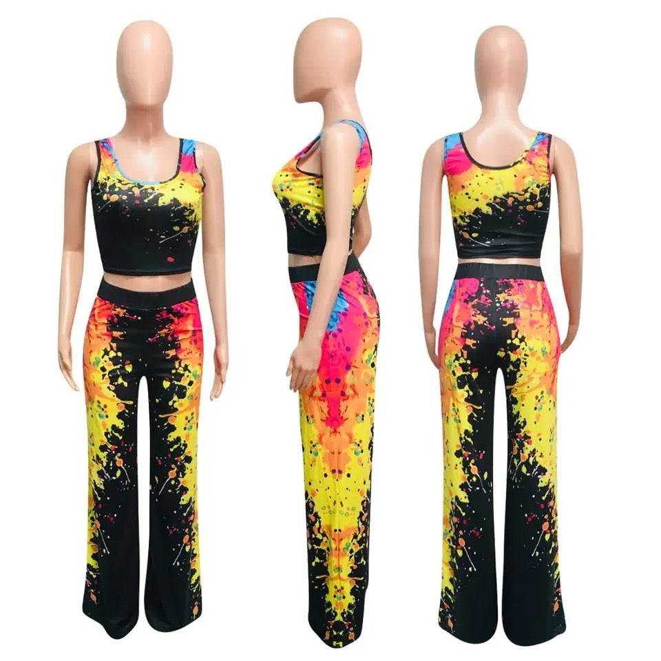 Paint Splash Tank Top And Jogger Long Pants Two Piece Set XD21