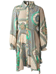 Paisley Printed Ruffle Lantern Sleeve Shirt Dress - XD21