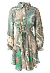 Paisley Printed Ruffle Lantern Sleeve Shirt Dress - XD21