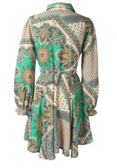 Paisley Printed Ruffle Lantern Sleeve Shirt Dress - XD21