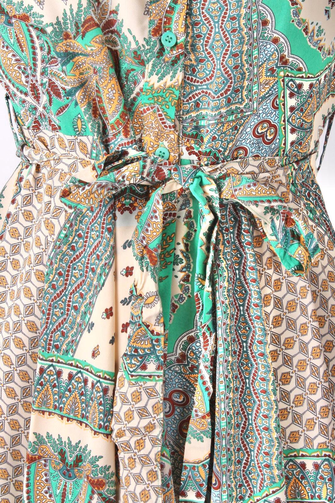 Paisley Printed Ruffle Lantern Sleeve Shirt Dress - XD21