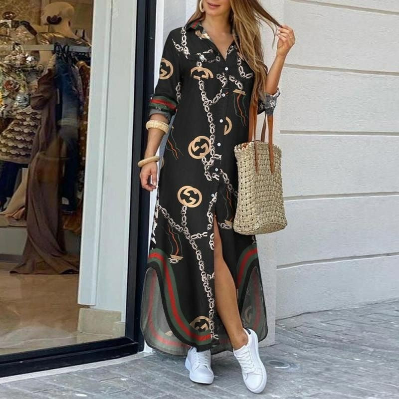 Pattern Long Button Shirt Maxi Dress XD21