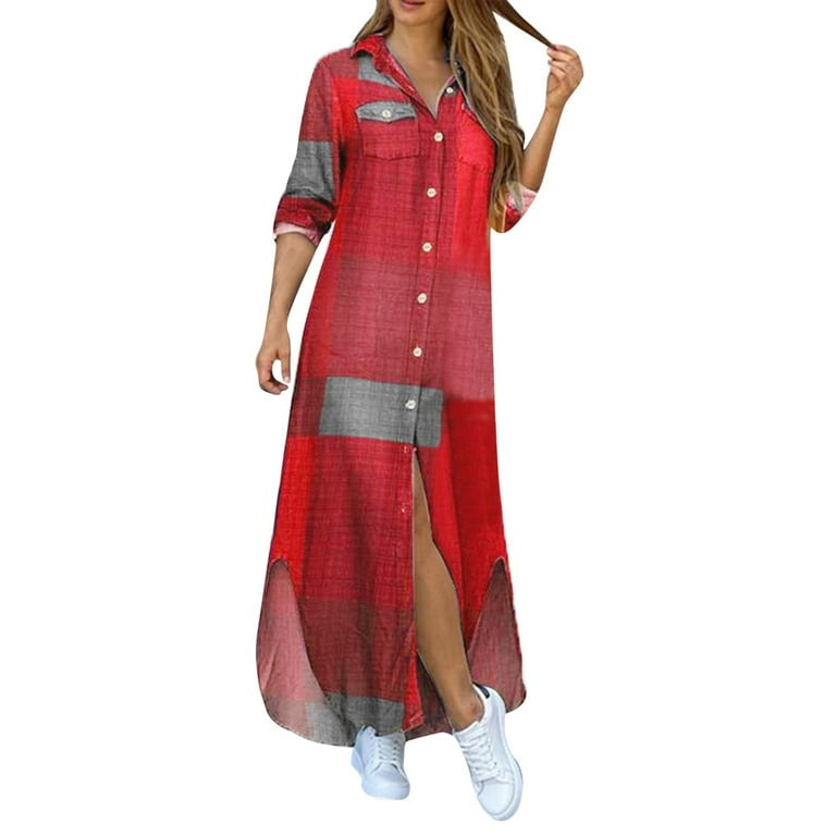 Pattern Long Button Shirt Maxi Dress XD21