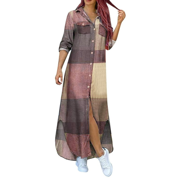 Pattern Long Button Shirt Maxi Dress XD21