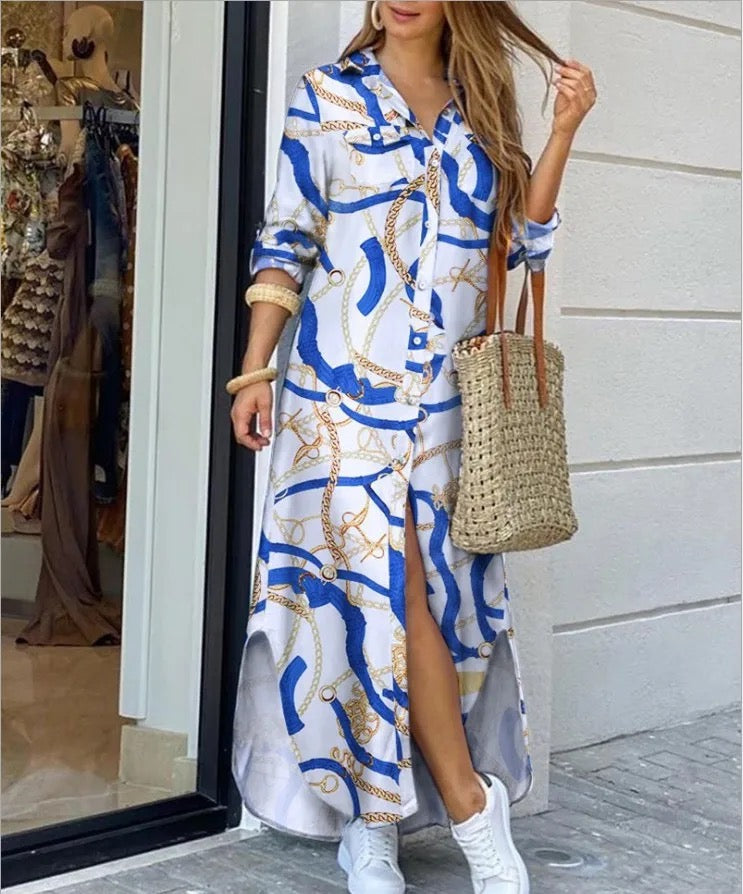 Pattern Long Button Shirt Maxi Dress XD21