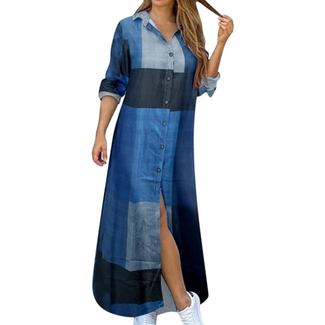 Pattern Long Button Shirt Maxi Dress XD21