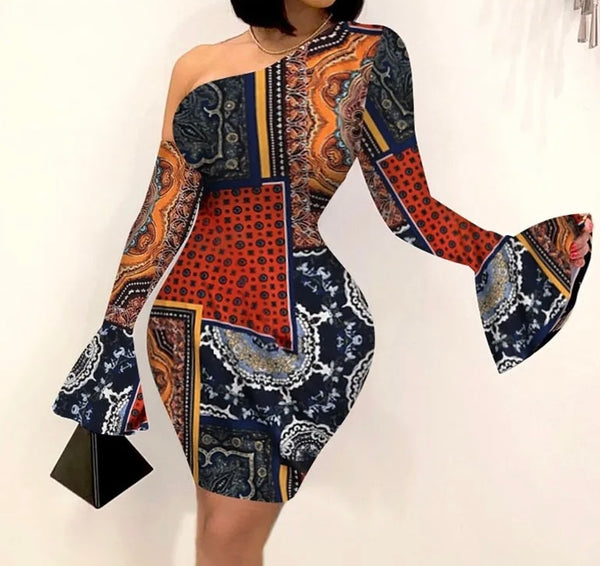 Pattern One Shoulder Flare Sleeve Mini Dress