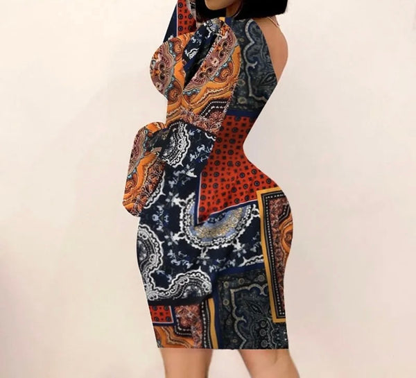Pattern One Shoulder Flare Sleeve Mini Dress