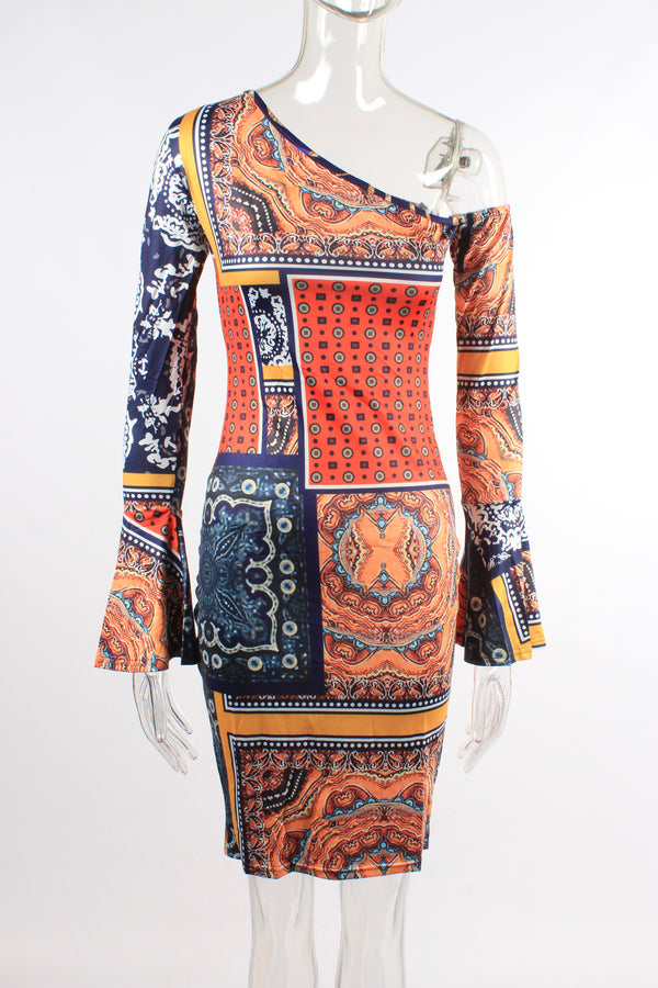 Pattern One Shoulder Flare Sleeve Mini Dress