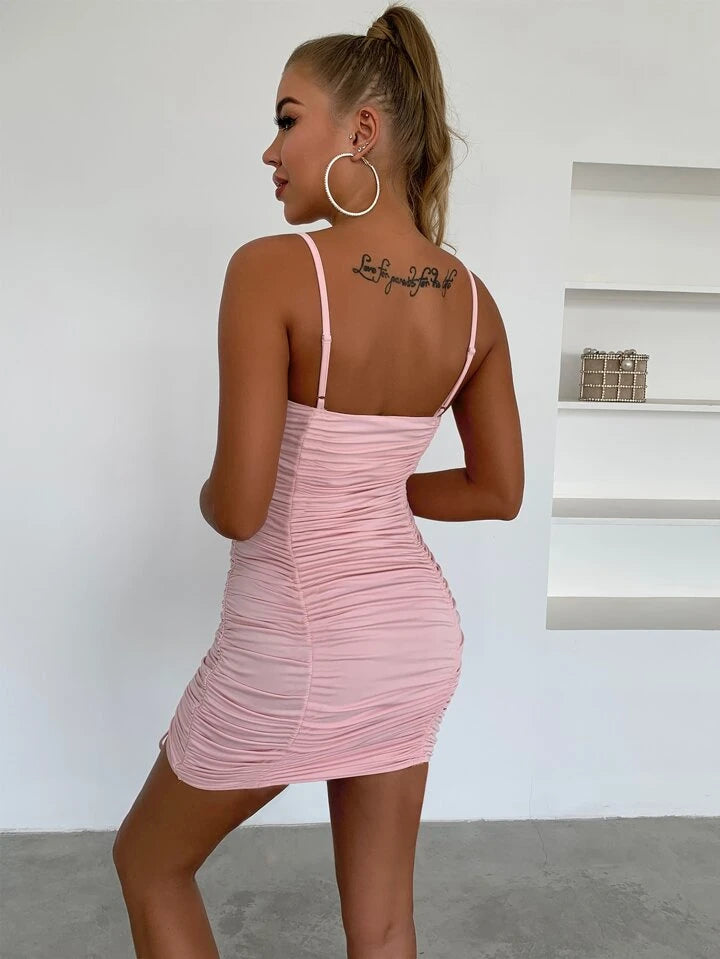 Pink Drawstring Ruched Bodycon Dress XD21