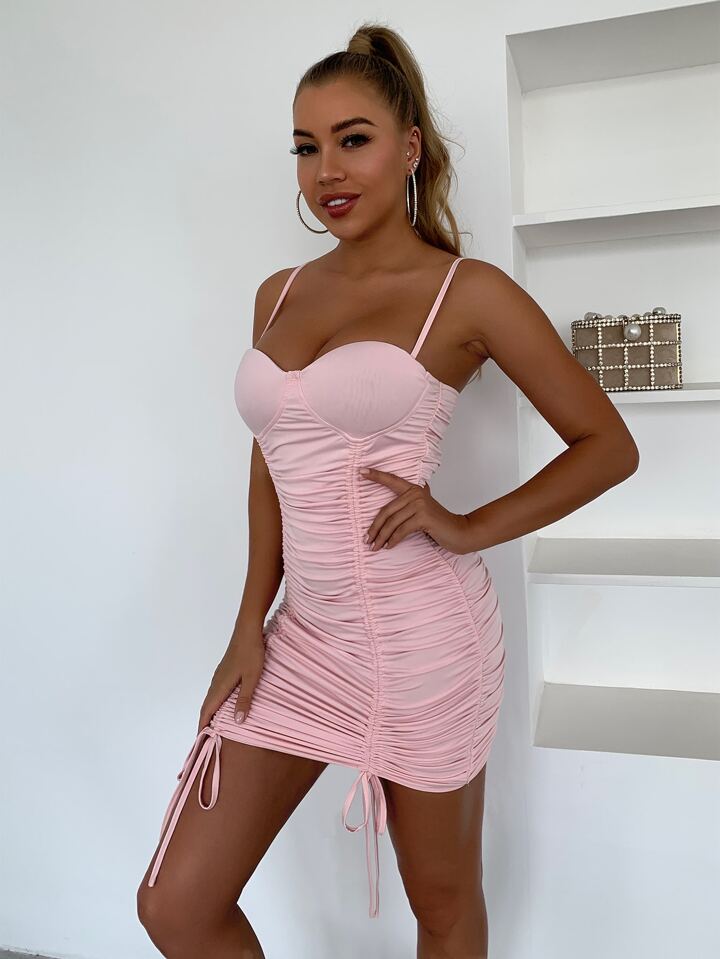 Pink Drawstring Ruched Bodycon Dress XD21