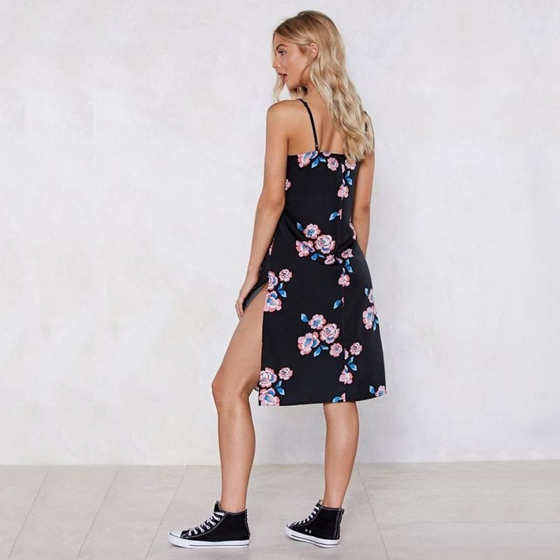 Pink floral midi dress with slit XD21