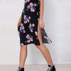 Pink floral midi dress with slit XD21