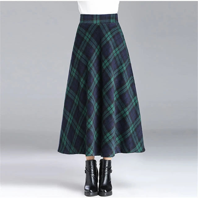 Plaid Flowy Elastic Wasit Midi Skirt XD21