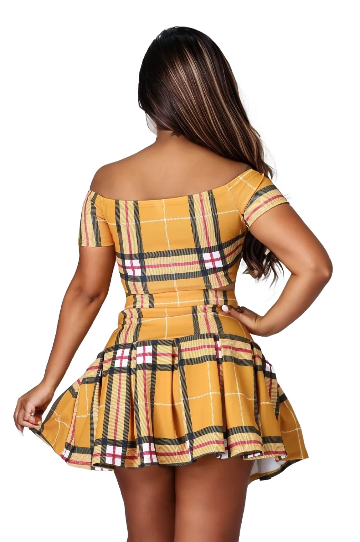 Plaid Off Shoulder Crop Top and Pleated Mini Skirt Set XD21