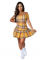 Plaid Off Shoulder Crop Top and Pleated Mini Skirt Set XD21