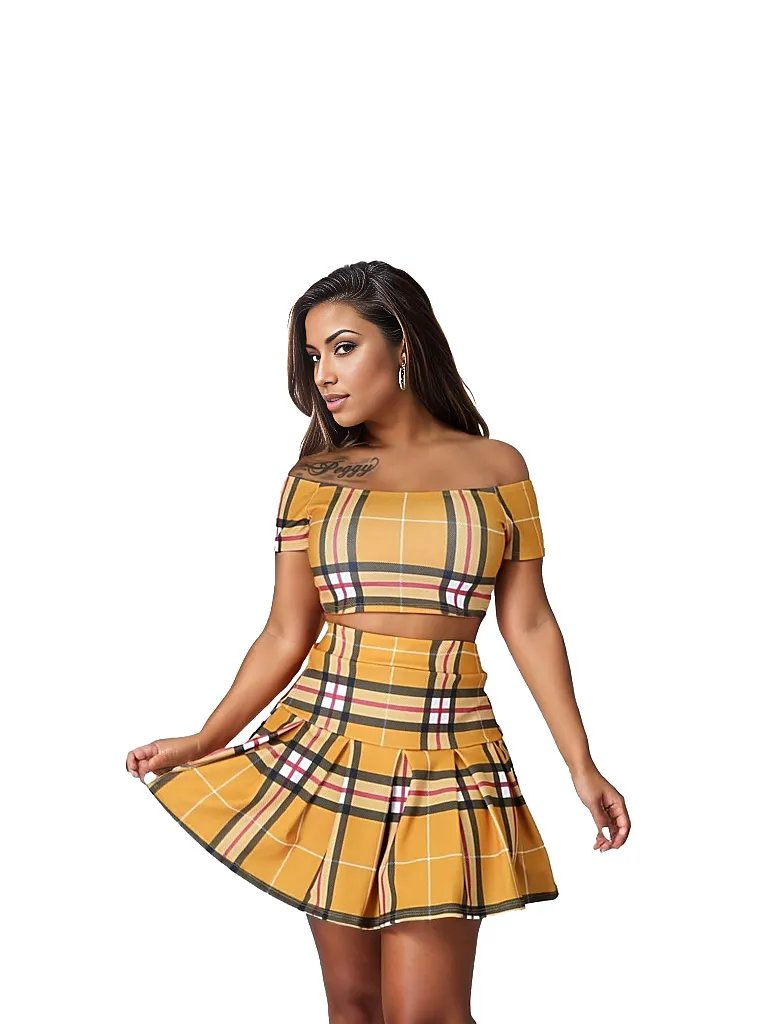 Plaid Off Shoulder Crop Top and Pleated Mini Skirt Set XD21