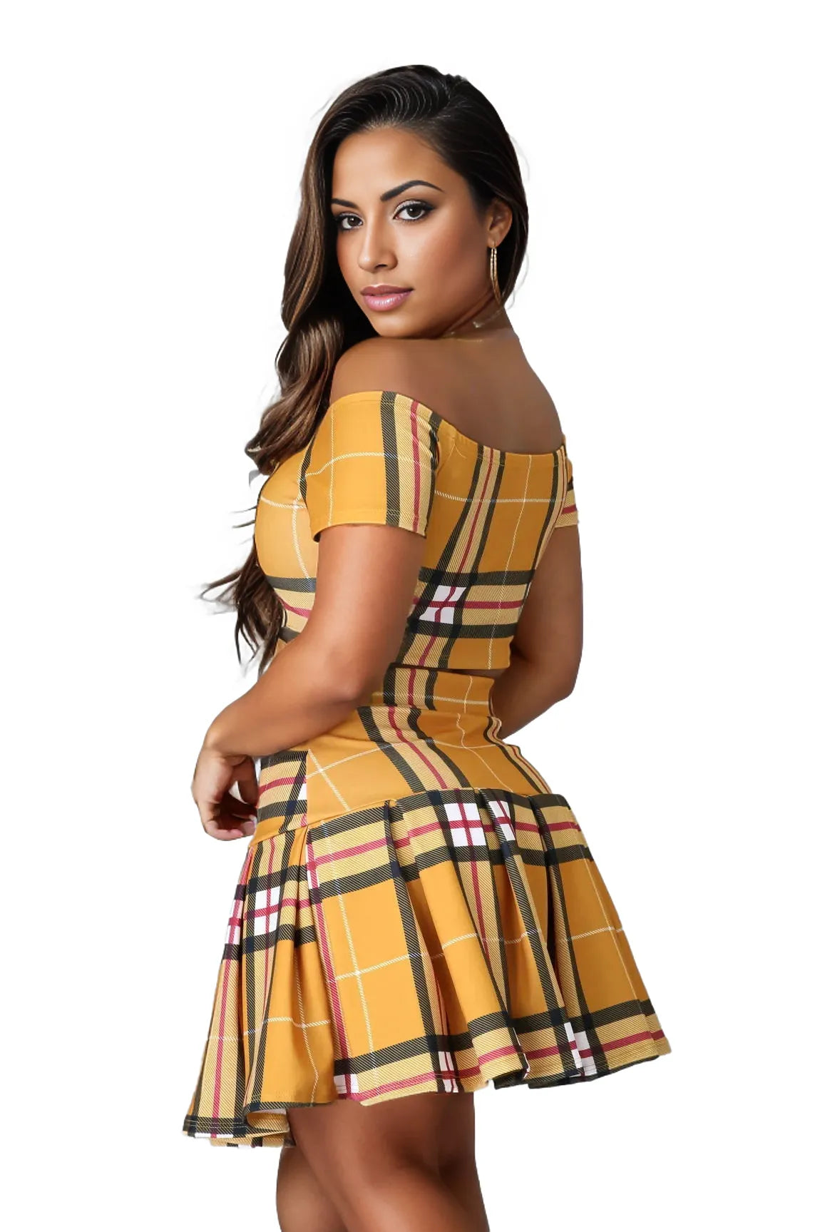 Plaid Off Shoulder Crop Top and Pleated Mini Skirt Set XD21