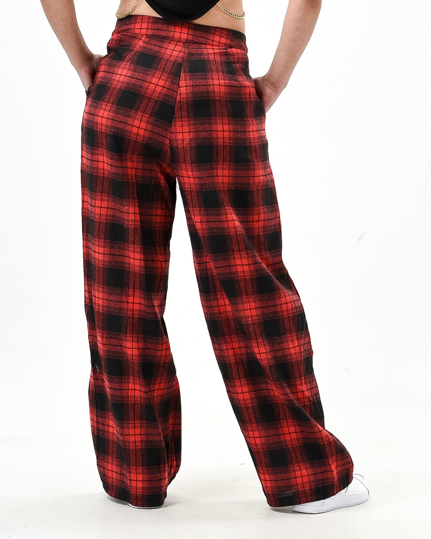 Wide Leg Red Plaid Pants Women Baggy Red Plaid Pants Plaid Print