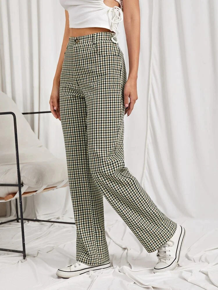 Plaid straight cut pants with pockets - XD21