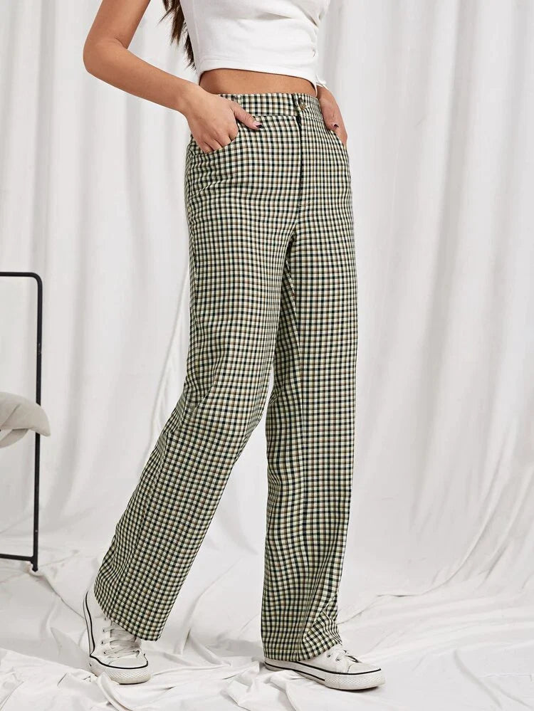 Plaid straight cut pants with pockets - XD21