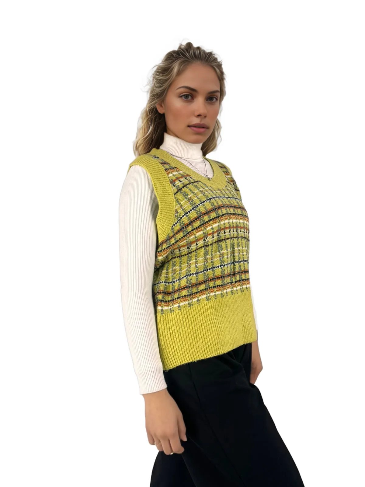 Plaid Striped Knitting pull over Vest XD21