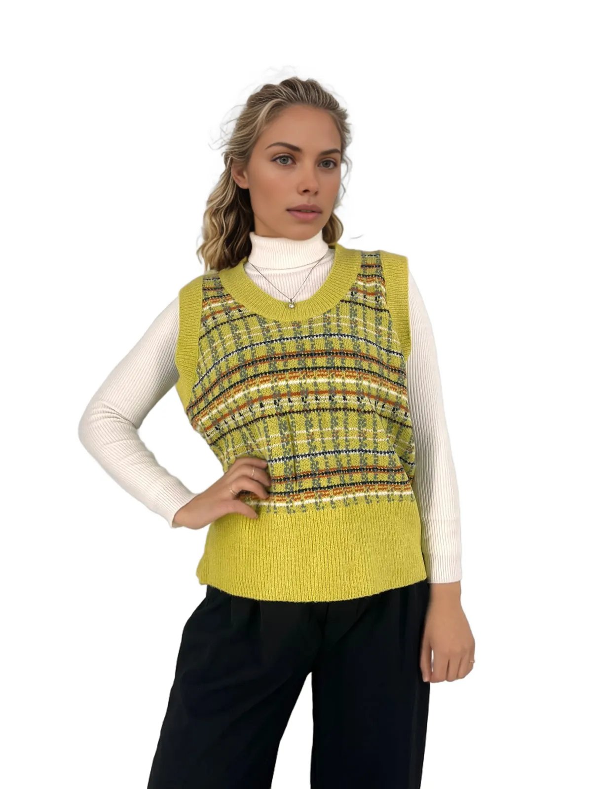 Plaid Striped Knitting pull over Vest XD21