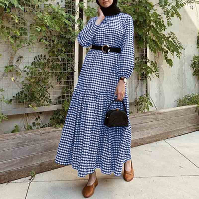 Plaid maxi dress with belt ruffles XD21