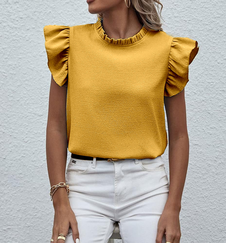 Plain Top Stand Collar Frill Cap Sleeve XD21