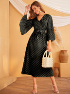 Pleated 3/4 sleeve polka dot dress XD21