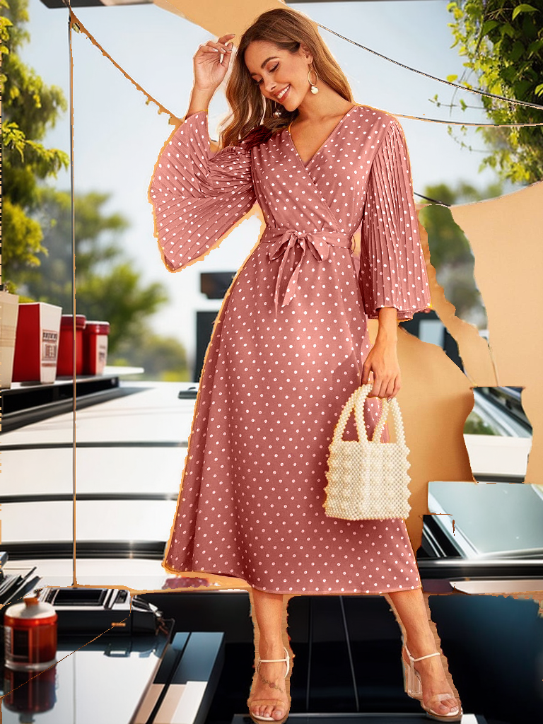 Pleated 3/4 sleeve polka dot dress XD21