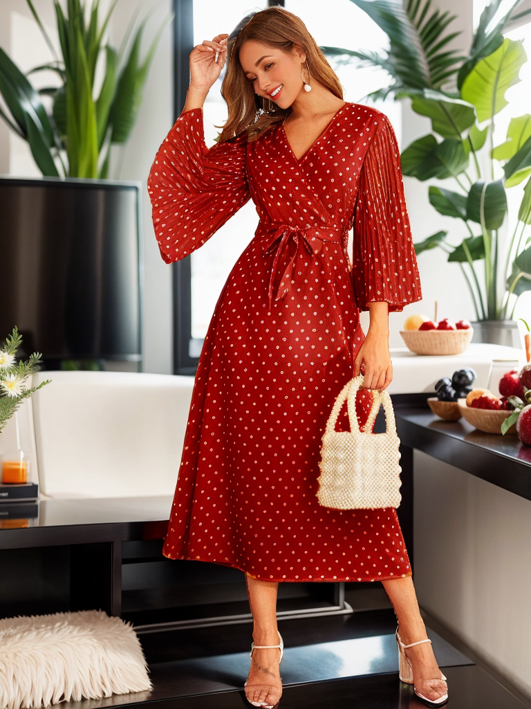 Pleated 3/4 sleeve polka dot dress XD21