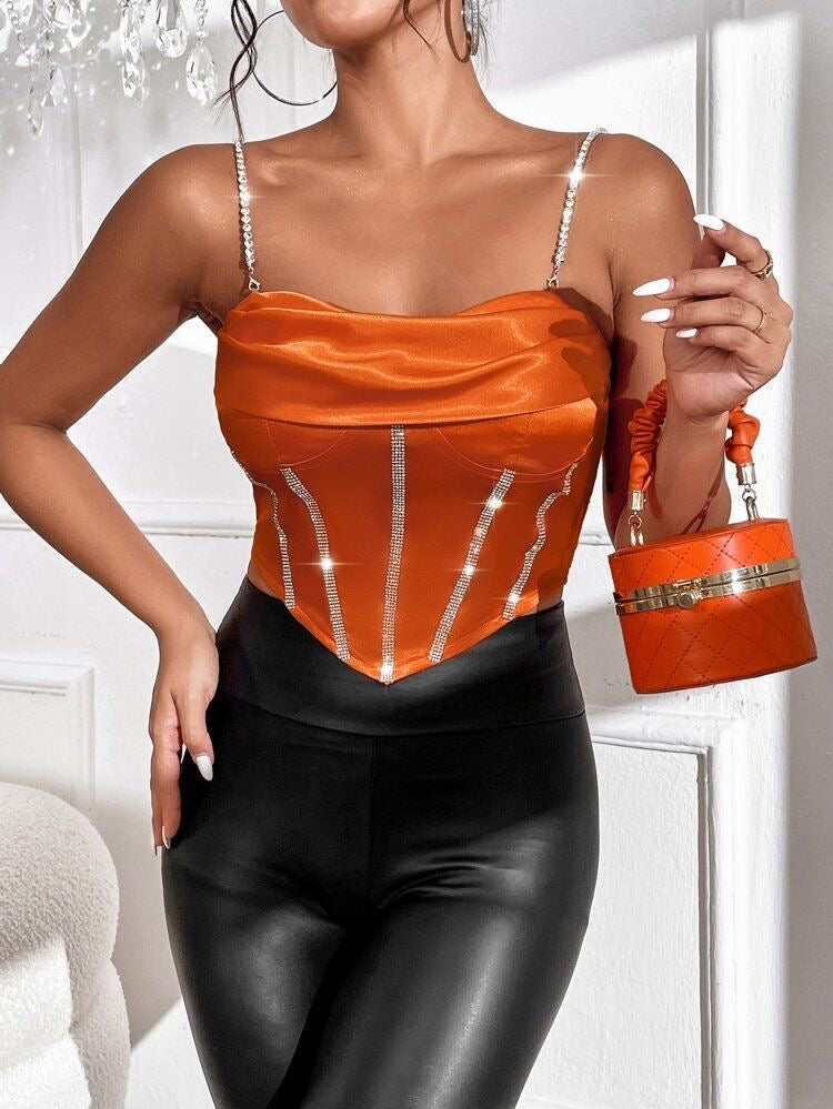 Pleated Low-Neck Rhinestone Corset Top XD21