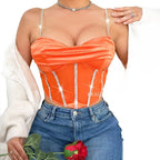 Pleated Low-Neck Rhinestone Corset Top XD21